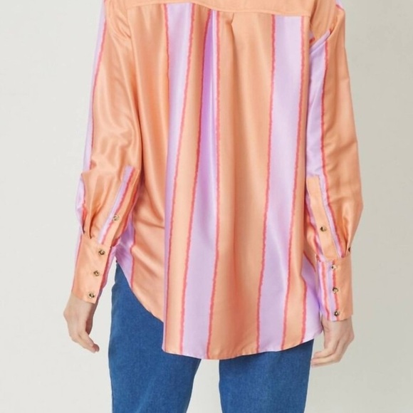 ENTRO Striped Long Sleeve Satin Like Button Down With Gold Buttons NWT - Picture 9 of 13